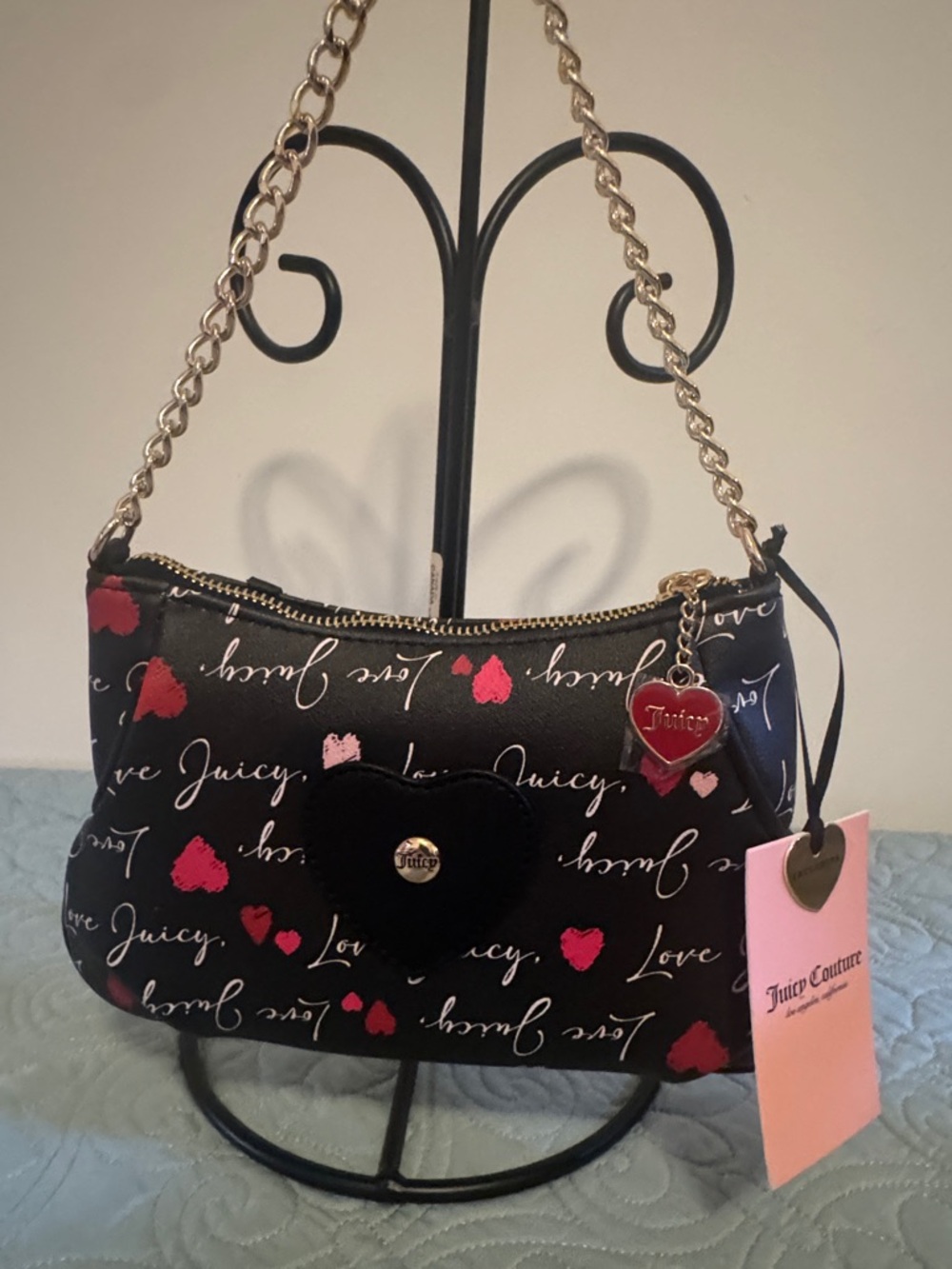 Juicy Couture Black Shoulder Bag with Red & Pink Heart Print